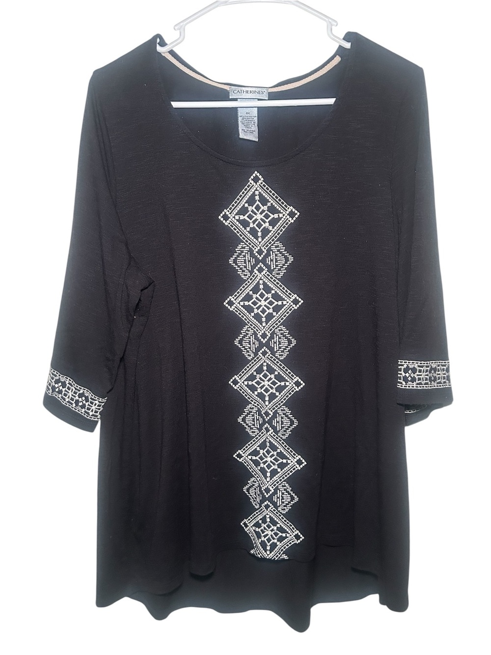Catherines Black Embroidered 3/4 Sleeve Tee Boho Chic Flowy Comfort Plus Size